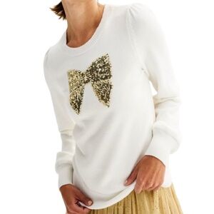 Draper James RSVP Ivory Pullover Sweater With Gold Sequin Bow Motif Puff Sleeve